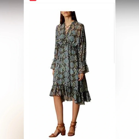 Karen Millen Snake Print Ruffle Bell Sleeve Midi Dress Green/Black NWT Size 14 - Picture 1 of 11